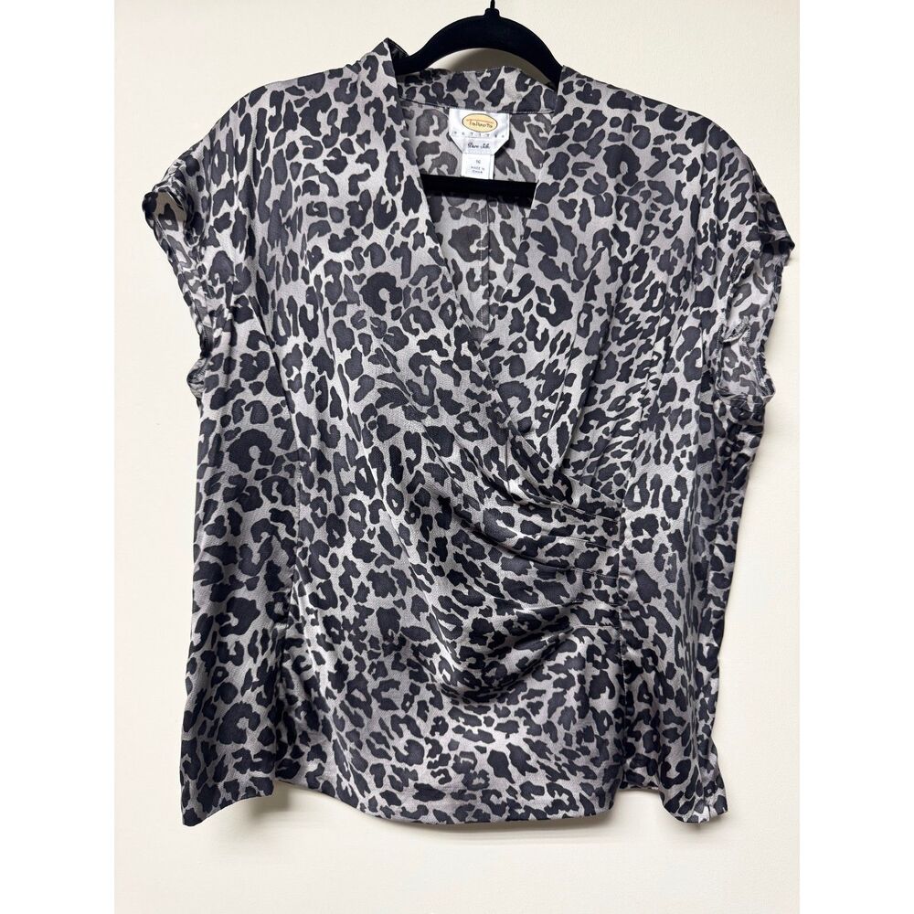 VTG-TALBOTS 100% Silk Black/Gray Animal Print Sleeveless Surplice Blouse, Sz 16P